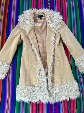 Colebrook beige suede coat with Plush Faux Fur Trim
